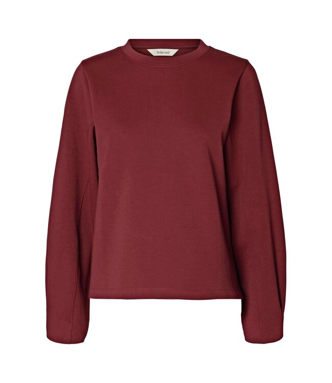 Selected Femme SLWLYA Sweat Tawny Port – Bordeaux dames sweater met plooimouwen