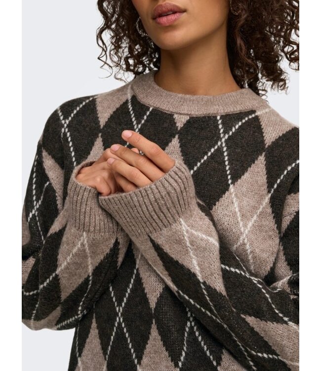 JDY JDYBIANKA Argyle Pullover Chocolate Torte Argyle – Bruine damespull met ruitpatroon