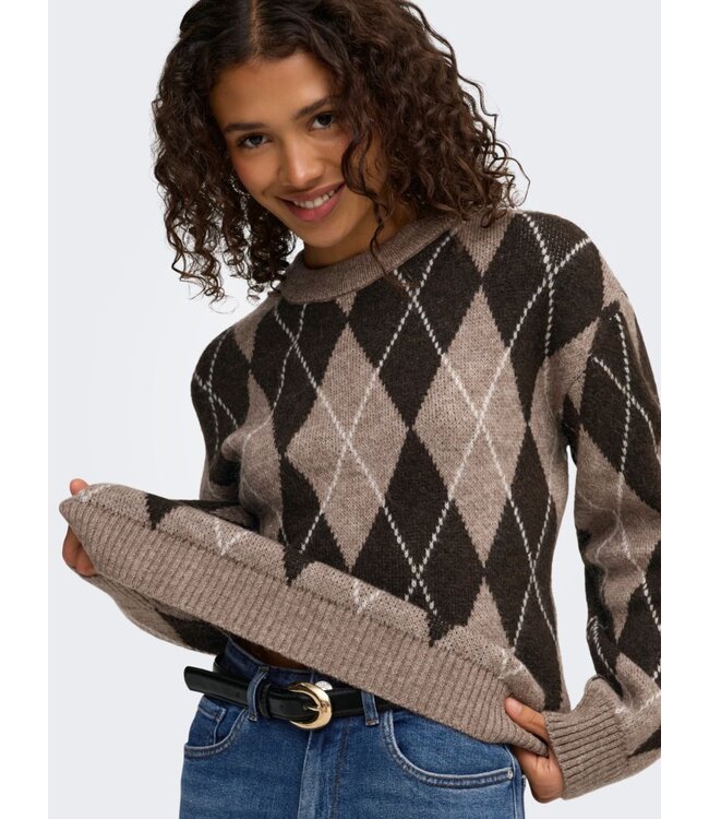 JDY JDYBIANKA Argyle Pullover Chocolate Torte Argyle – Bruine damespull met ruitpatroon