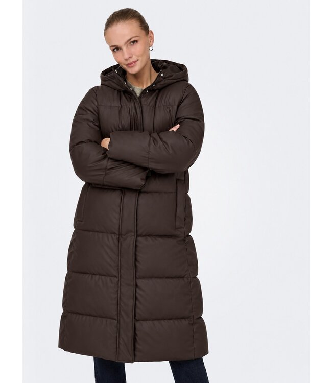 JDY JDYKAMMA Water Rep Long Puffer Chocolate Torte – Lange donkerbruine pufferjas