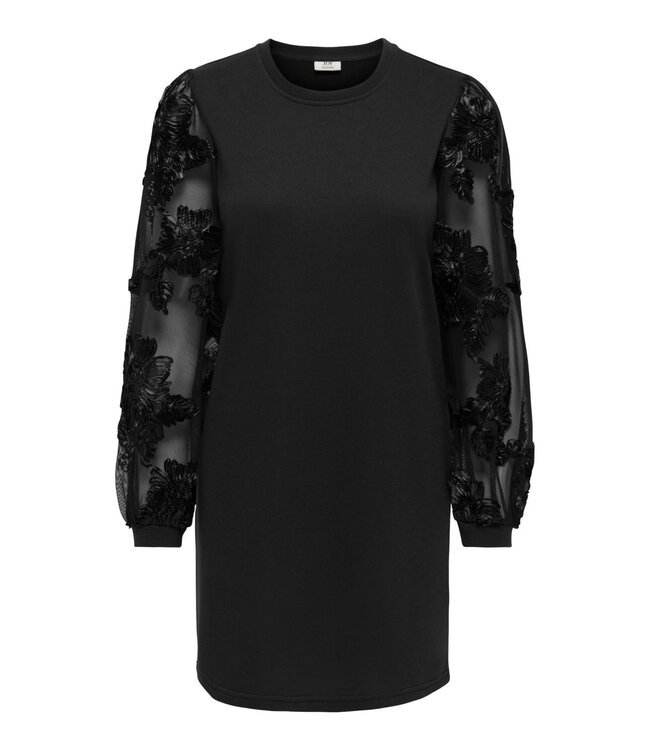 JDY JDYFAIRVIEW Life Sweat Dress Black – Zwarte jurk met transparante bloemenmouwen