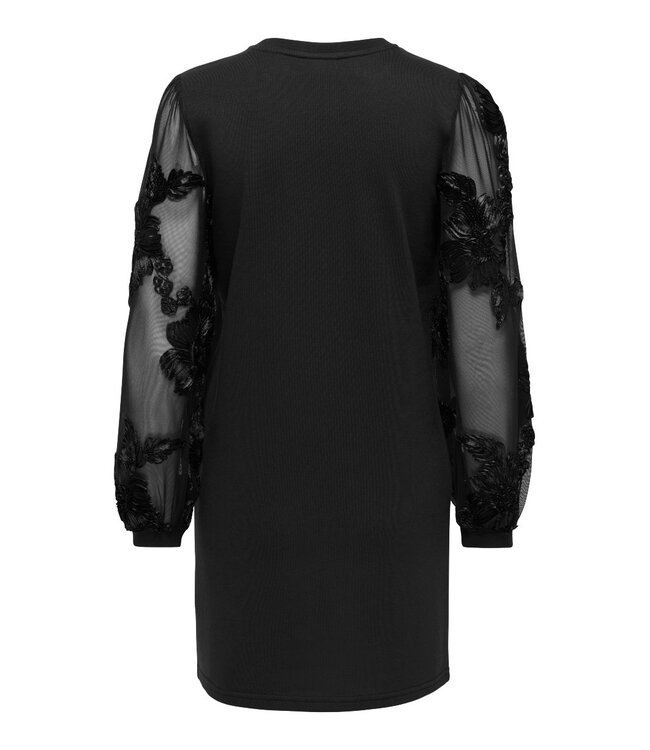 JDY JDYFAIRVIEW Life Sweat Dress Black – Zwarte jurk met transparante bloemenmouwen