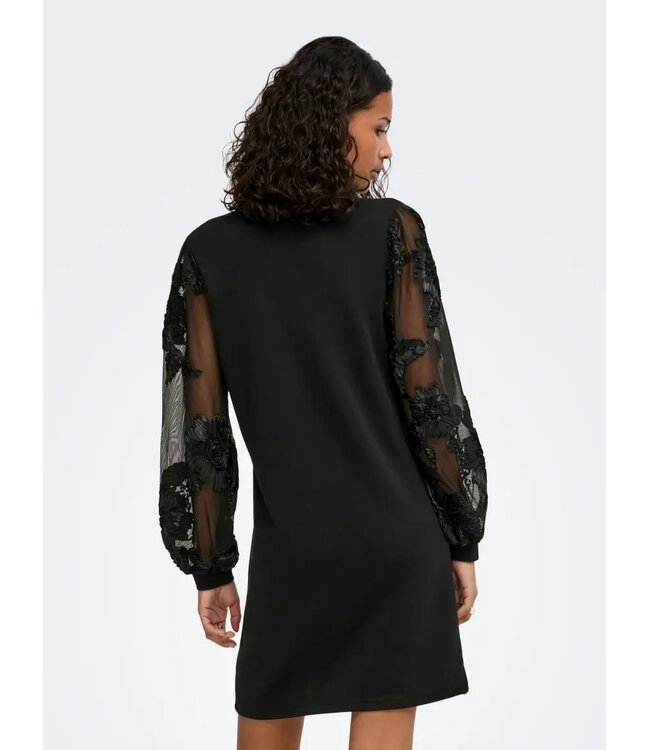 JDY JDYFAIRVIEW Life Sweat Dress Black – Zwarte jurk met transparante bloemenmouwen
