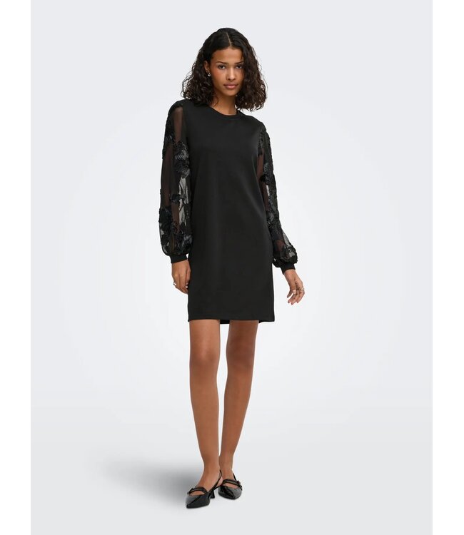 JDY JDYFAIRVIEW Life Sweat Dress Black – Zwarte jurk met transparante bloemenmouwen