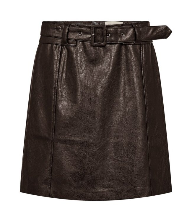 Freequent FQFREY Skirt Mole – Bruine PU-minirok in lederlook met ceintuur