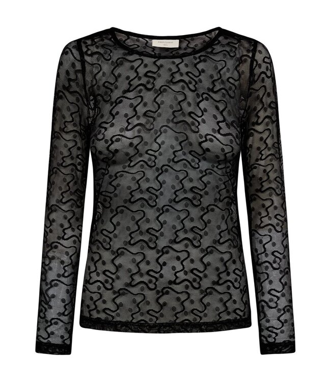 Freequent FQISBY Tee Black – Zwarte transparante mesh damestop met lange mouwen