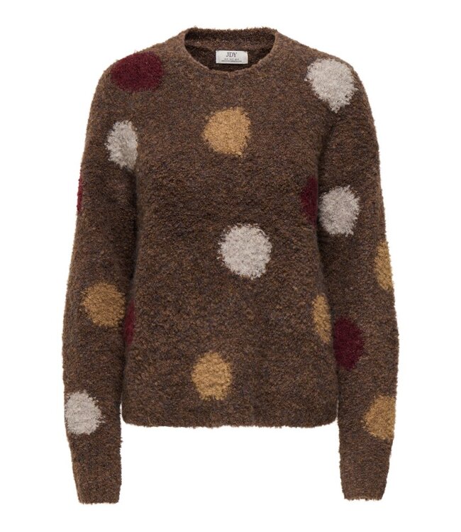 JDY JDYDOTTIE O-Neck Dot Pullover Bison Rum Raisin – Bruine damestrui met kleurrijke stippen