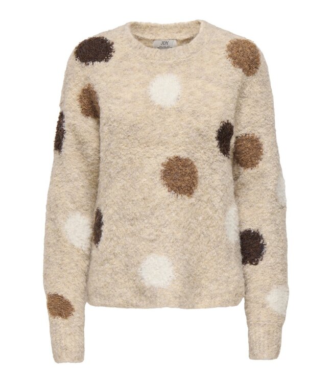JDY JDYDOTTIE O-Neck Dot Pullover Pussywillow Gray – Lichtbeige damestrui met bruine stippen