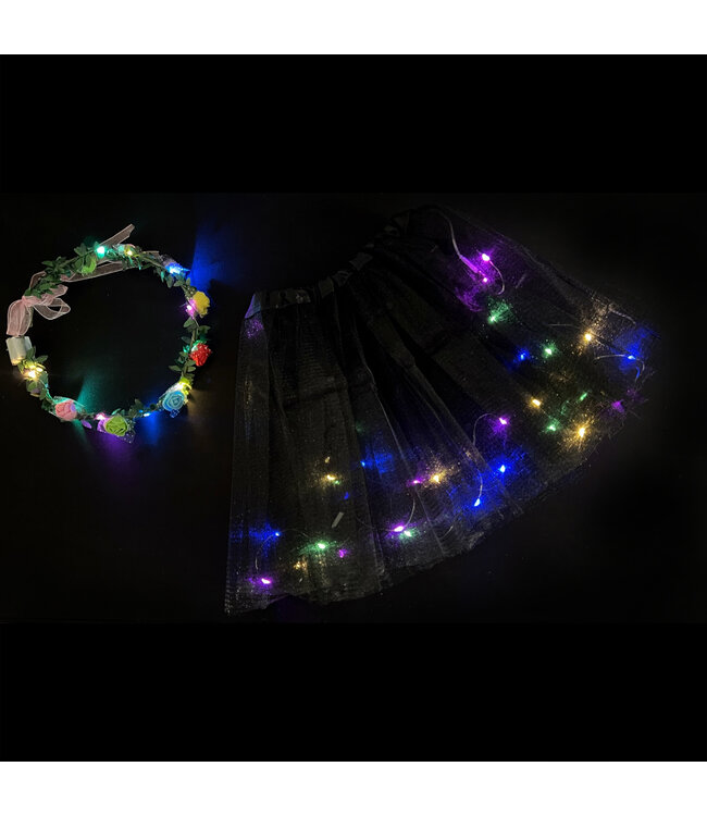 LED Rokje/Tutu en Tiara Groot Set - Zwart