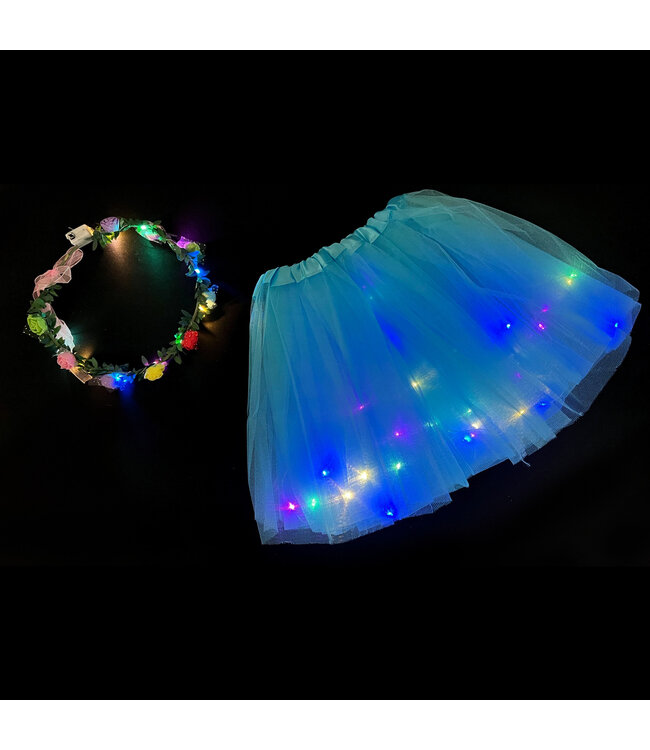 LED Rokje/Tutu en Tiara Groot Set -  Lichtblauw