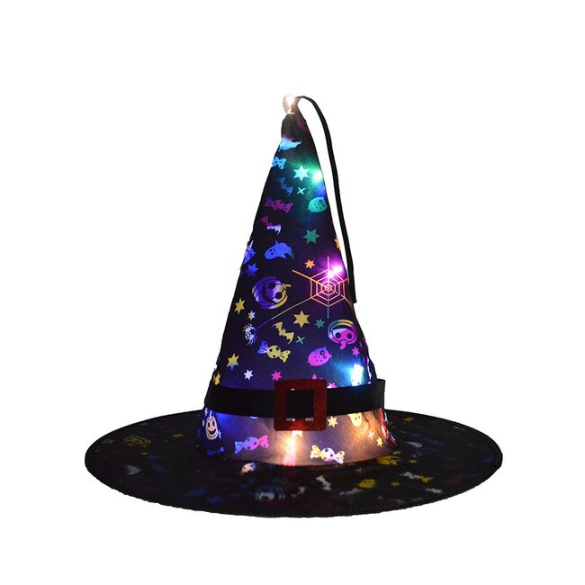 Heksenhoed Halloween met LED Lichtjes - Zwart  / Figuurtjes - Verkleedaccessoire