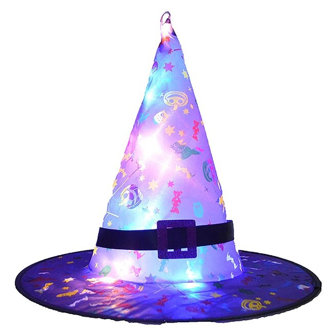 Heksenhoed Halloween Met LED Lichtjes - Paars / Figuurtjes - Verkleedaccessoire
