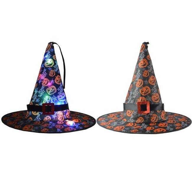 Heksenhoed Halloween Met LED Lichtjes - Zwart / Pompoen - Verkleedaccessoire