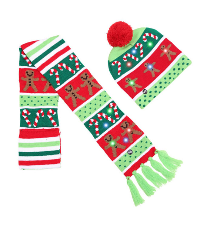 Lichtgevende Kerstmuts En Sjaal Met Lichtjes - Groen / Rood