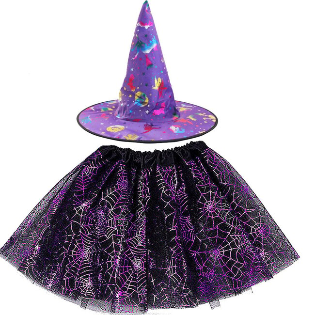 Halloween Kostuum Meisjes Met LED Lichtjes - Lichtgevend Rokje en Heksenhoed
