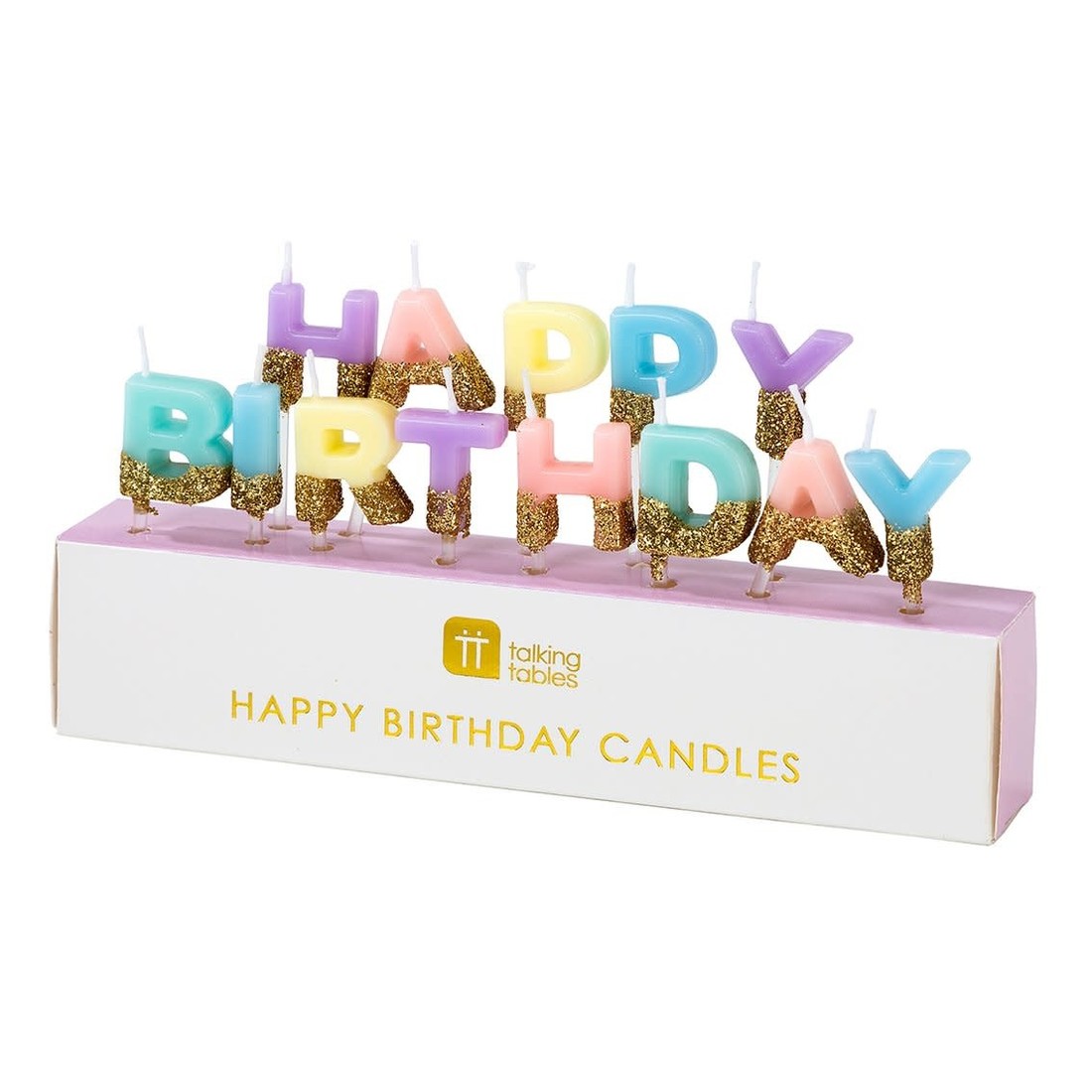 Kuchenkerzen «Happy Birthday» pastell-goldglitzer