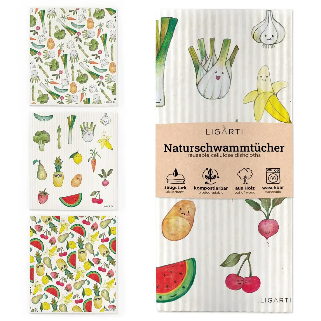LIGARTI Schwammtuch 3er-Set Obst & Gemüse