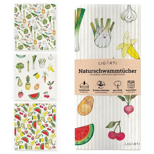 LIGARTI Schwammtuch 3er-Set Obst & Gemüse