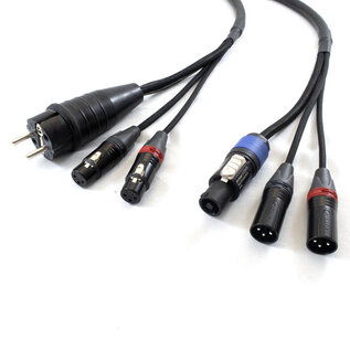 Combikabel 2x XLR female + Schuko male -> 2x XLR male + Powercon blauw