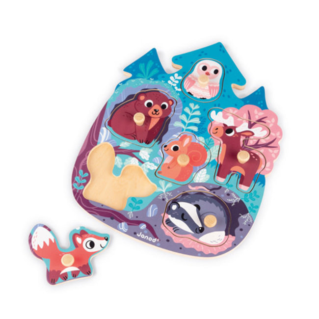 Janod Puzzels, Houten puzzels - knoppuzzel bos, 6 stukjes