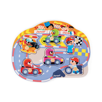 Janod Puzzels, Houten puzzels - knoppuzzel race auto's, 6 stukjes