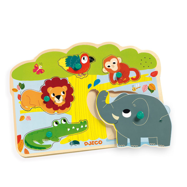 Djeco Puzzels, Houten puzzels - muziek puzzel, knoppuzzel Safari (Baobab), 5 stukjes
