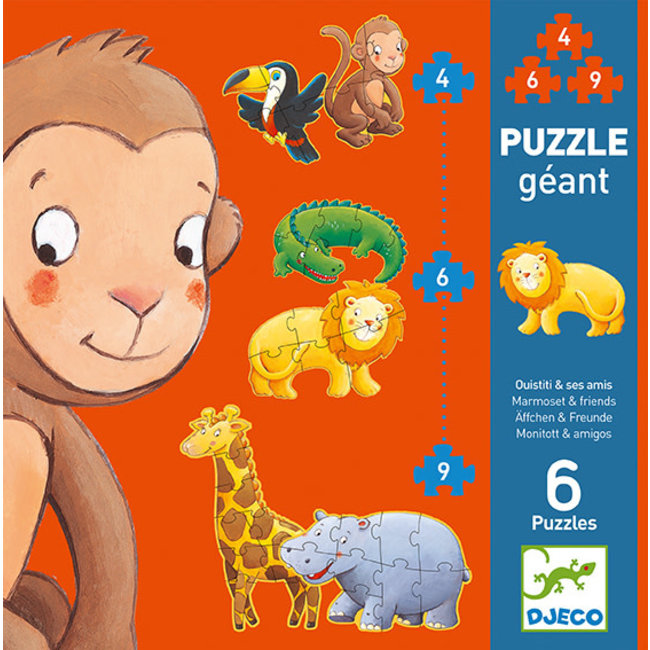 Djeco Puzzels, Vloerpuzzels - wilde dieren, 4-6-9 stukjes (puzzle géant marmoset & friends)
