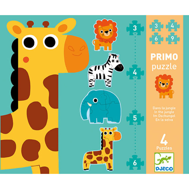 Djeco Puzzels, Legpuzzels - eerste puzzels in de jungle, 3-4-6-9 stukjes (primo puzzle in the jungle)
