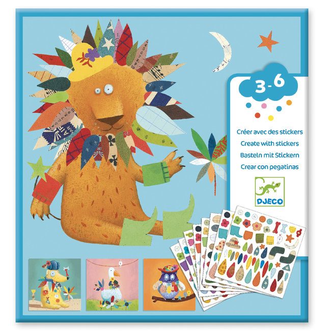 Djeco Knutselen, Knutselpakketten - Dieren versieren met stickers, 3-6 jr.