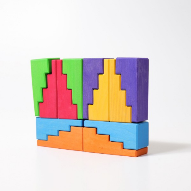Grimms Houten speelgoed - bouwblokken set regenboog daken (stepped roofs rainbow)