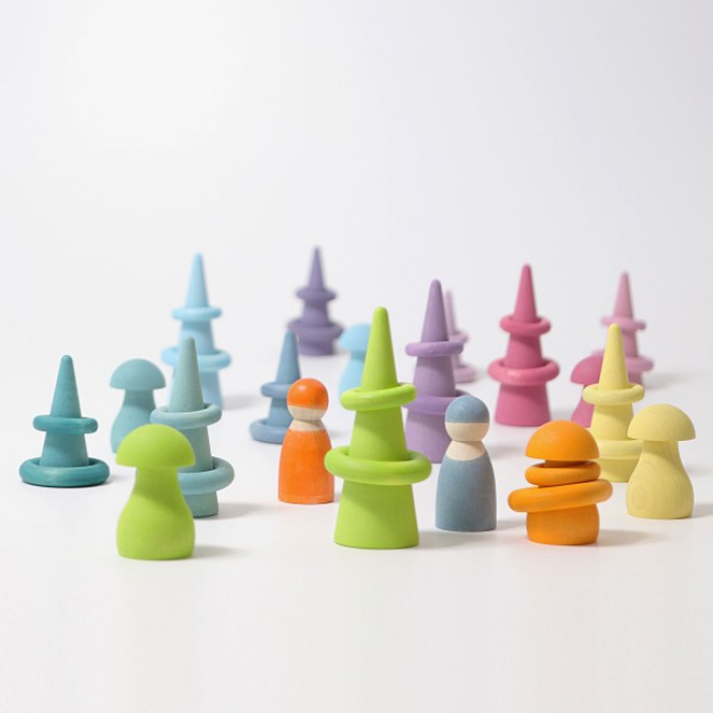 Grimms Houten speelgoed - bouwblokken set regenboog bos pastel, 12 stuks (Pastel rainbow forest)