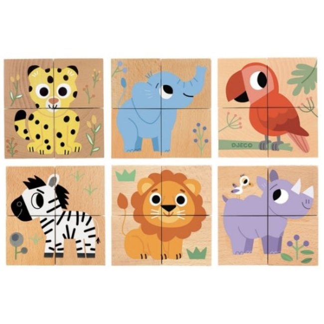 Djeco Puzzels, Houten Puzzel  - Wilde dieren kubus 4 st (Wild & Co)