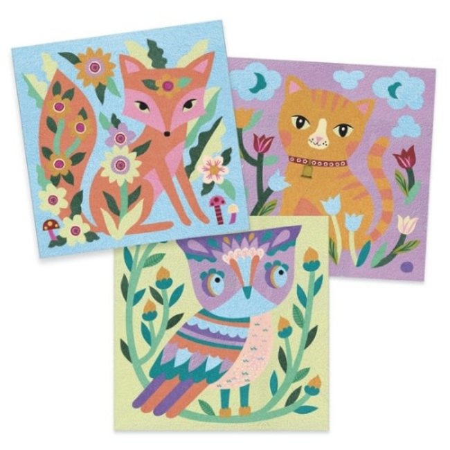 Djeco Knutselen, knutselpakket - glow in de dark gekleurd zand, tuindieren (5-8jr)