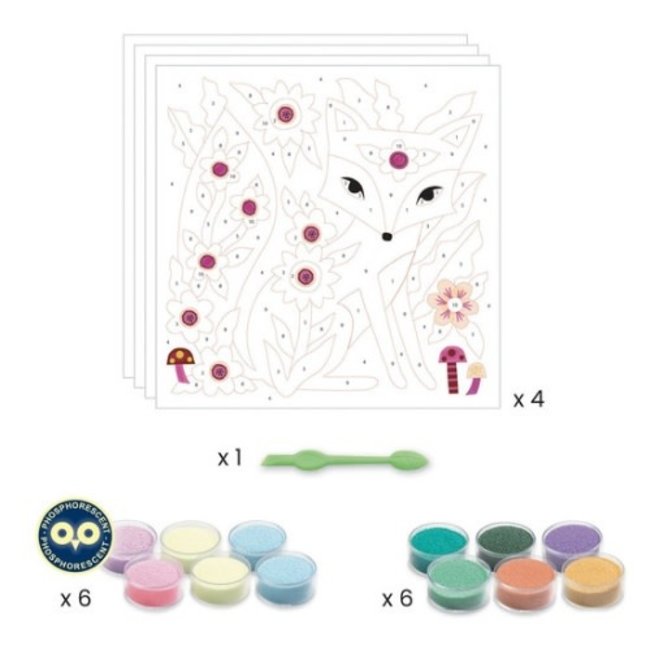 Djeco Knutselen, knutselpakket - glow in de dark gekleurd zand, tuindieren (5-8jr)