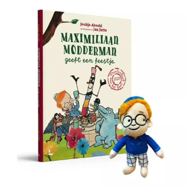 Boeken, Prentenboeken - Maximilliaan Modderman geeft een feestje, 4+ incl. voorvleespoppetje