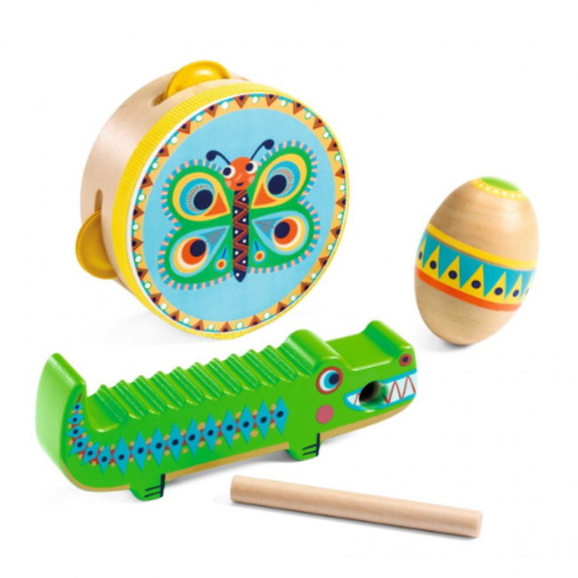 Djeco Muziekinstrumenten - Percussie set: tamboerijn, ,maracas, guiro, 18M+