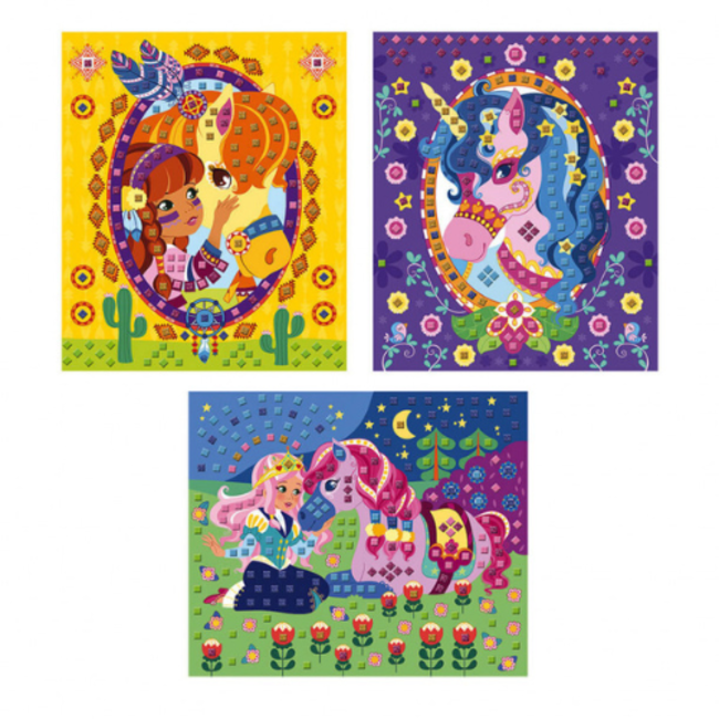 Janod Knutselen, Knutselpakket - Mozaïek met foam stickers Pony's en eenhoorns, 5+