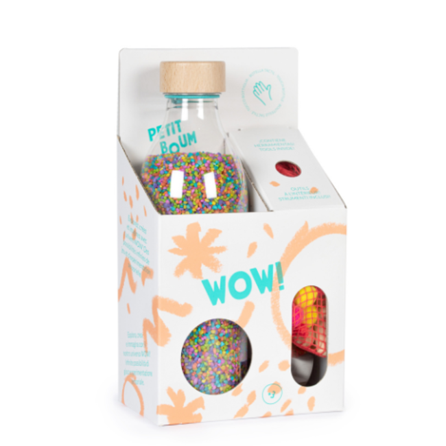Petit Boum Sensorische fles - Sensory Bottle, Wow Touch bottle, gekleurd rijst met accessoires