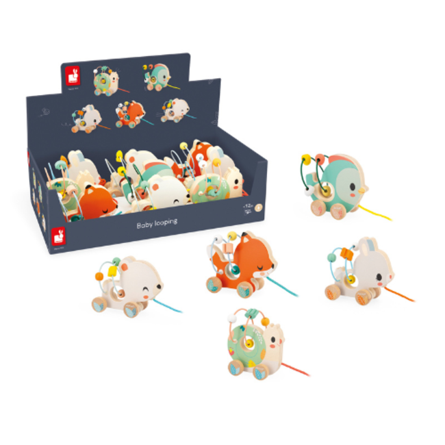 Janod Pure, Houten speelgoed - Baby Looping Trekfiguurtjes Dieren, assorti, 12M+
