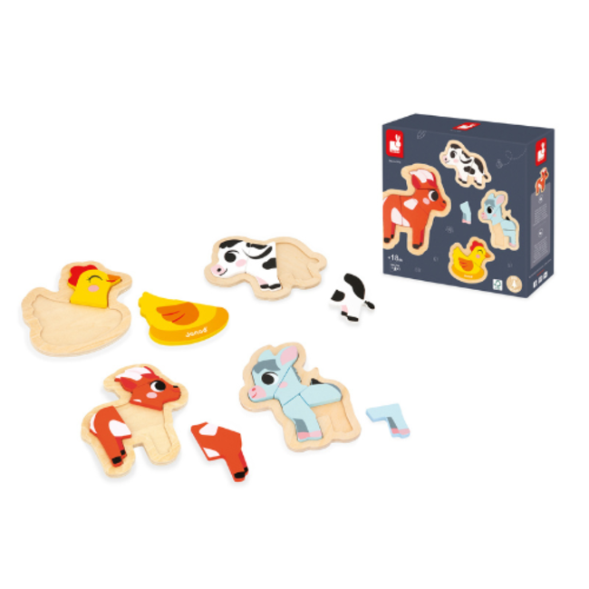 Janod Puzzels, Houten puzzel - set van 4 puzzels 2-3-4-5 stukken Boerderij, 18M+
