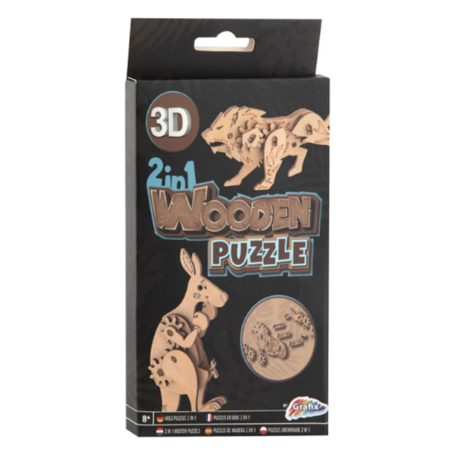 Puzzels, 3D puzzels - 2-in-1 houten bouwpakket 3D puzzel Kangoeroe en leeuw