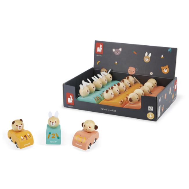 Janod Houten speelgoed - Pull-back auto, assorti, 2+