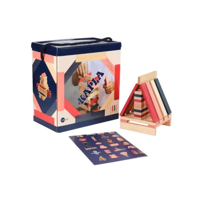 Kapla Houten speelgoed - KAPLA 120 BOX Blue,Red,Pink Bouwplankjes naturel, 90st. + 30 st. gekleurd