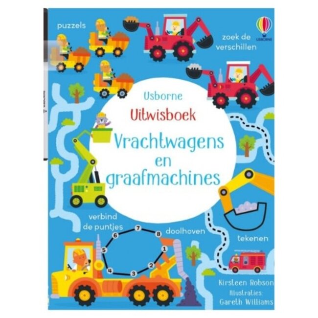 Usborne Boeken, Doeboeken - Spelletjesboek Vrachtwagens en graafmachines, uitwisboek incl. pen, 3+