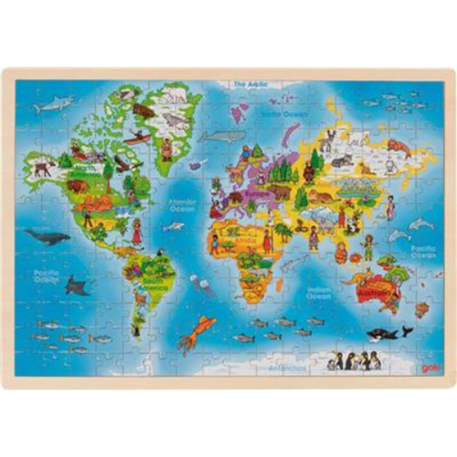 goki puzzel: wereld 46,5x33x1cm, 192-delig, hout, engelstalig, 4+
