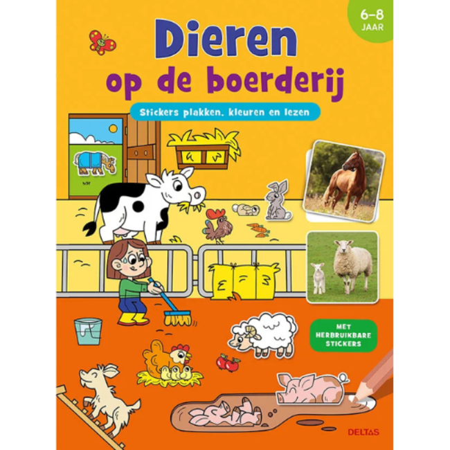 Deltas Deltas Boeken, Kleurboeken - Kleur- en stickerboek: Stickers plakken, kleuren en lezen: Dieren op de boerderij 6-8 jr.