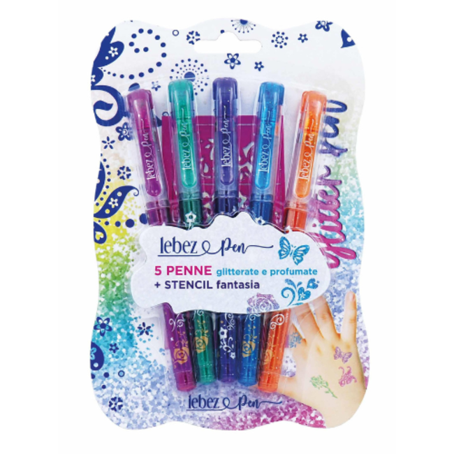 Glitter gelpennen set van 5 met sjabloon