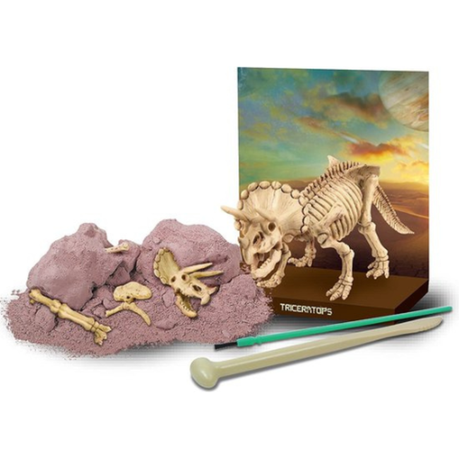 4M KidzLabs:  GRAAF-JE-DINOSAURUS-OP (Triceratops) / F R A N S T A L I G E VERPAKKING, skeletbouwset in een blok plaaster, doos 17x22x6cm, 7+