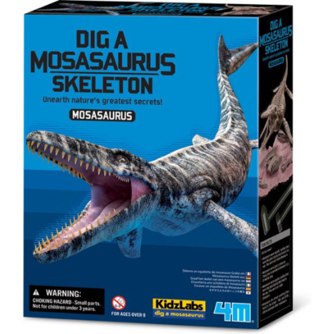 4M Kidzlabs: GRAAF-JE-DINOSAURUS-OP (Mosasaurus), skeletbouwset in een blok plaaster, doos 17x22x6cm, 8+
