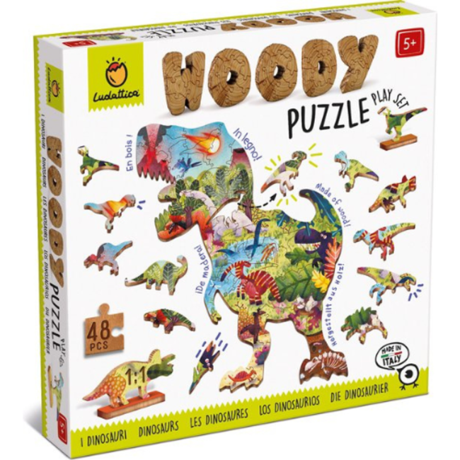 Ludattica Puzzels: WOODY PUZZEL DINOSAURUS 25x35cm, 48-delig, 12 figuurtjes, in   hout , 4+